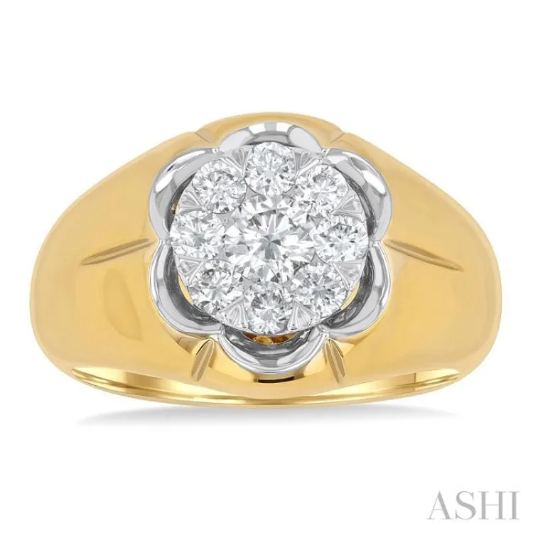 1 ctw Floral Center Lovebright Round Cut Diamond Men's Ring in 10K Yellow and White Gold