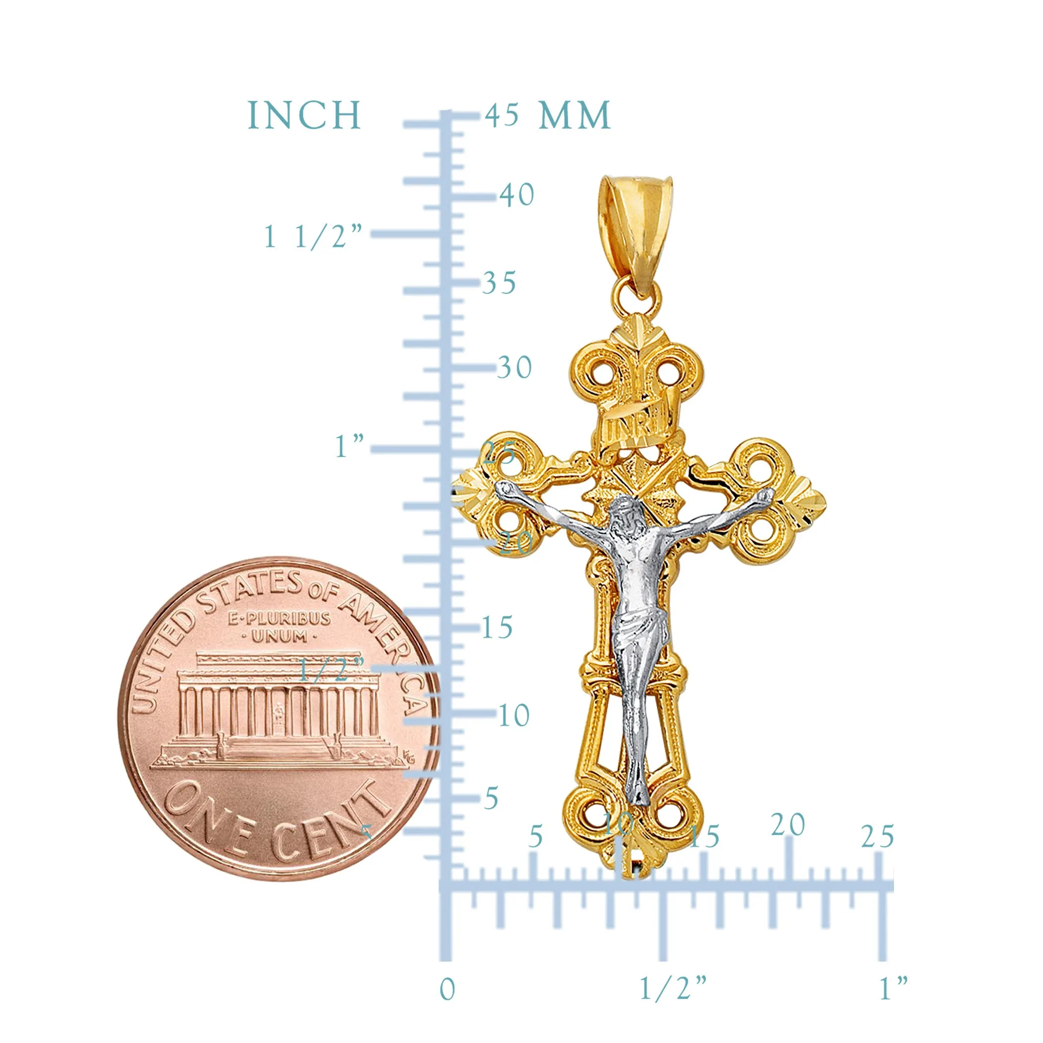 14k 2 Tone Gold Flat Textured Finish Crucifix Pendant