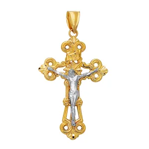 14k 2 Tone Gold Flat Textured Finish Crucifix Pendant