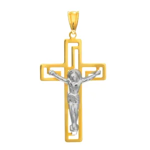 14k 2 Tone Gold Greek Key Style Crucifix Pendant