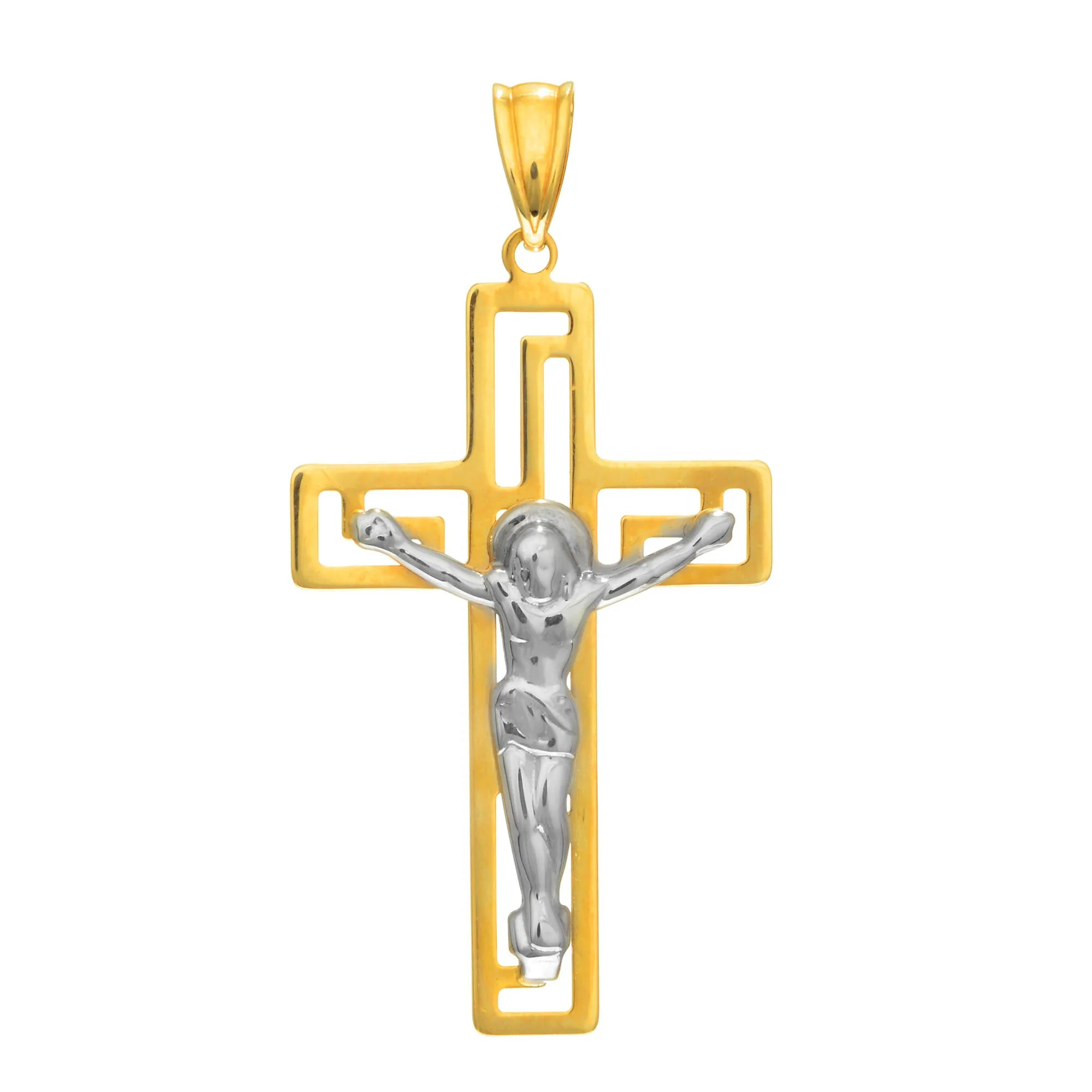 14k 2 Tone Gold Greek Key Style Crucifix Pendant