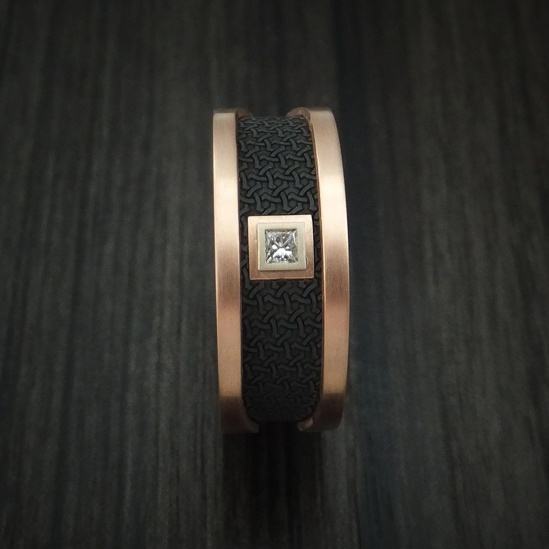 14K Rose and Yellow Gold with Carbon Fiber and Diamond Custom Made Men's Band