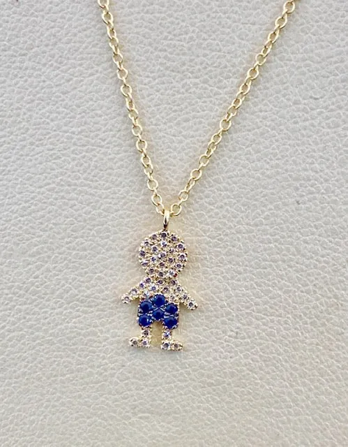 14K White Gold Diamond and Blue Sapphire Boy Necklace