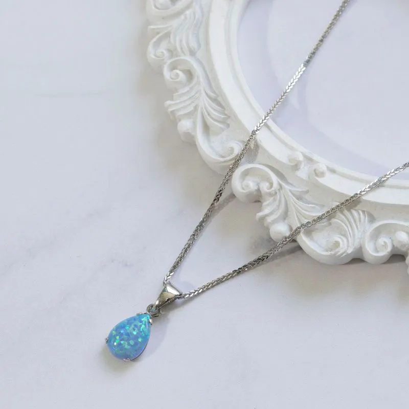 14K White Gold Teardrop Blue Opal 7X10mm Pendant