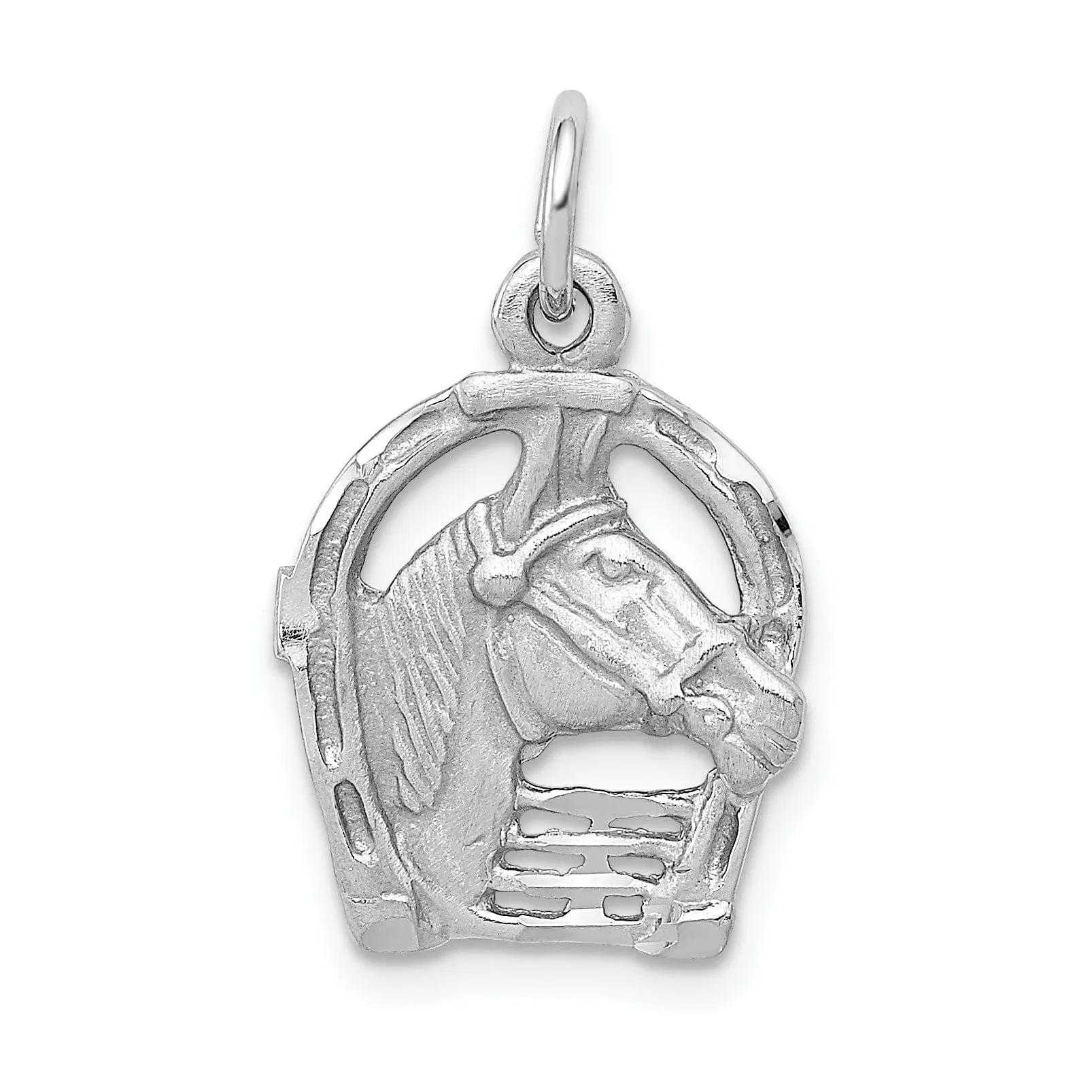 14k White Gold Textured Diamond Cut Polished Finish Horse Head in Horseshoe Charm Pendant