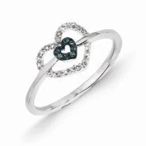 14k White Gold w/Blue and White Diamond Double Heart Ring