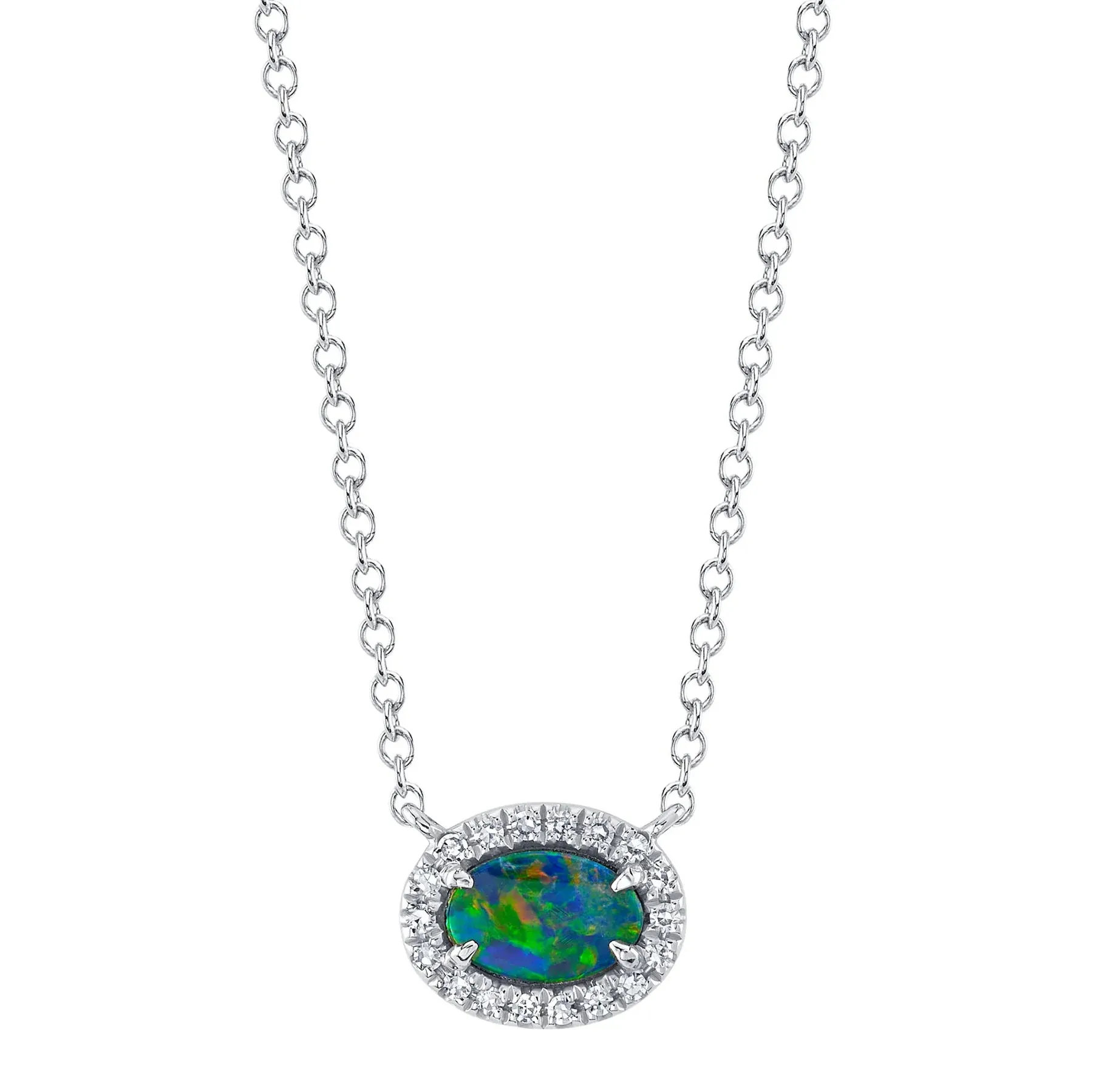 14K White or Yellow Gold 0.33 Carat Opal & Diamond Halo Pendant Necklace