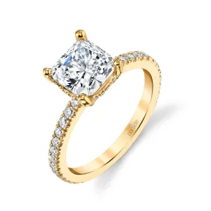 14k Yellow Gold Cushion Center Semi-Mount Engagement Ring with Diamond Basket