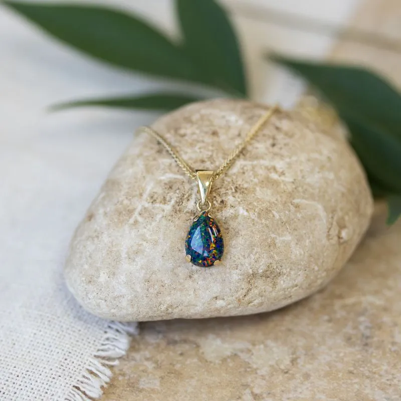 14K Yellow Gold Teardrop Black Opal 7X10mm Pendant