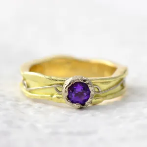 18 carat solid yellow and white gold amethyst  engagement ring - rustic solitaire ring