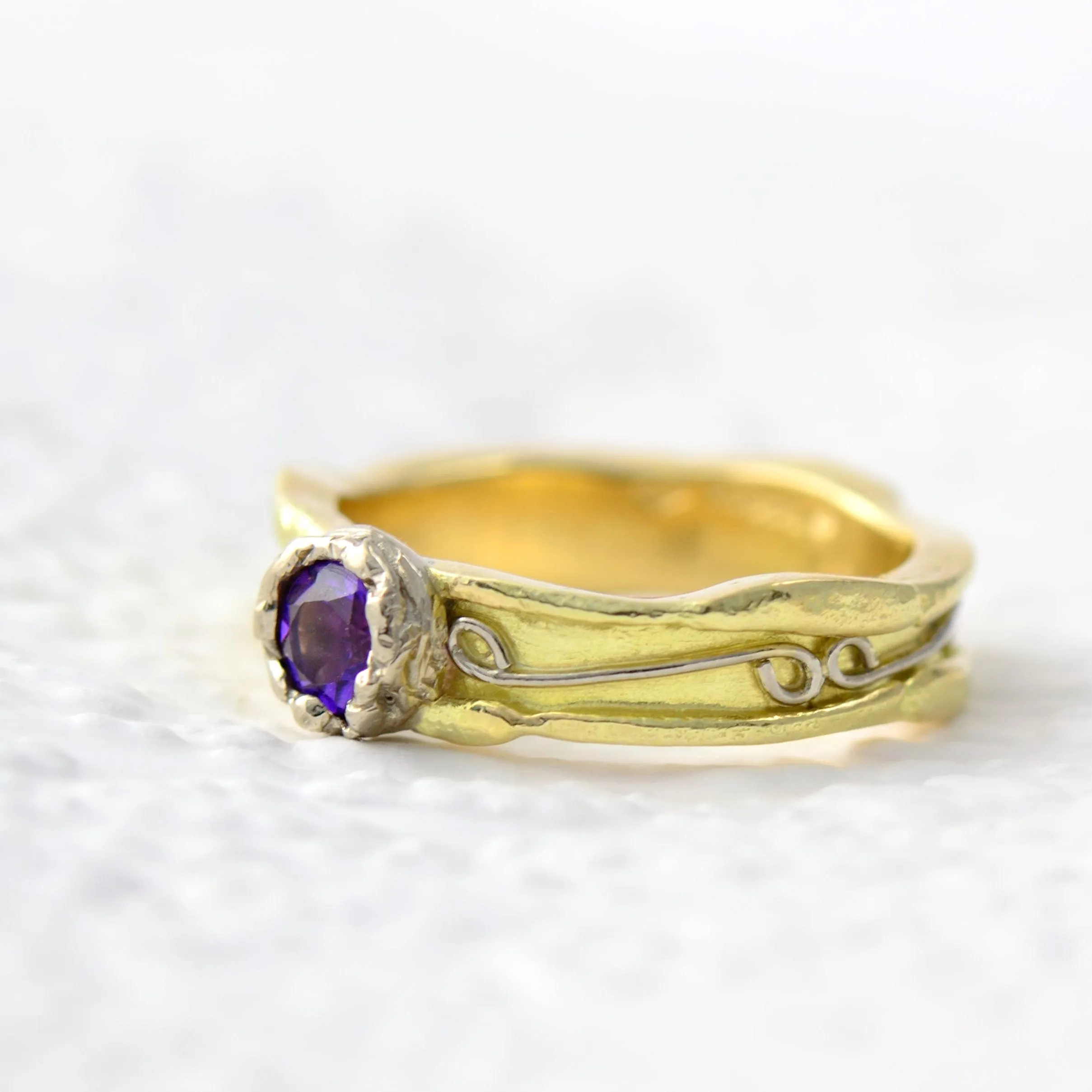 18 carat solid yellow and white gold amethyst  engagement ring - rustic solitaire ring