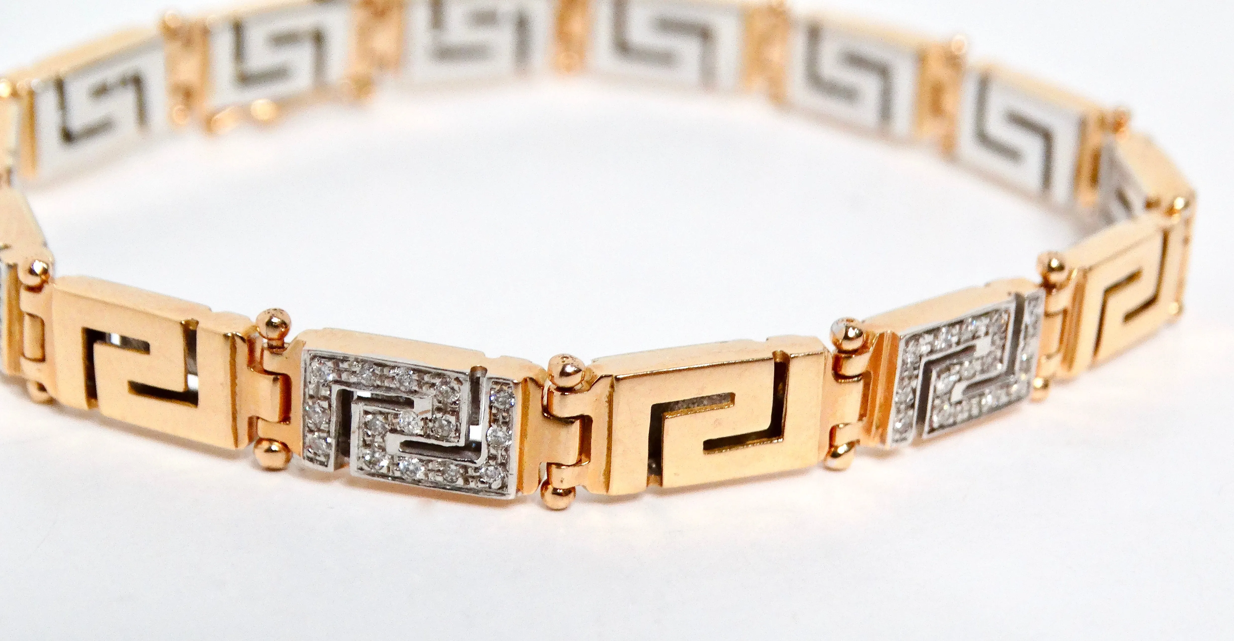 18k Gold Greek Key Two-Tone Link Bracelet With Diamonds