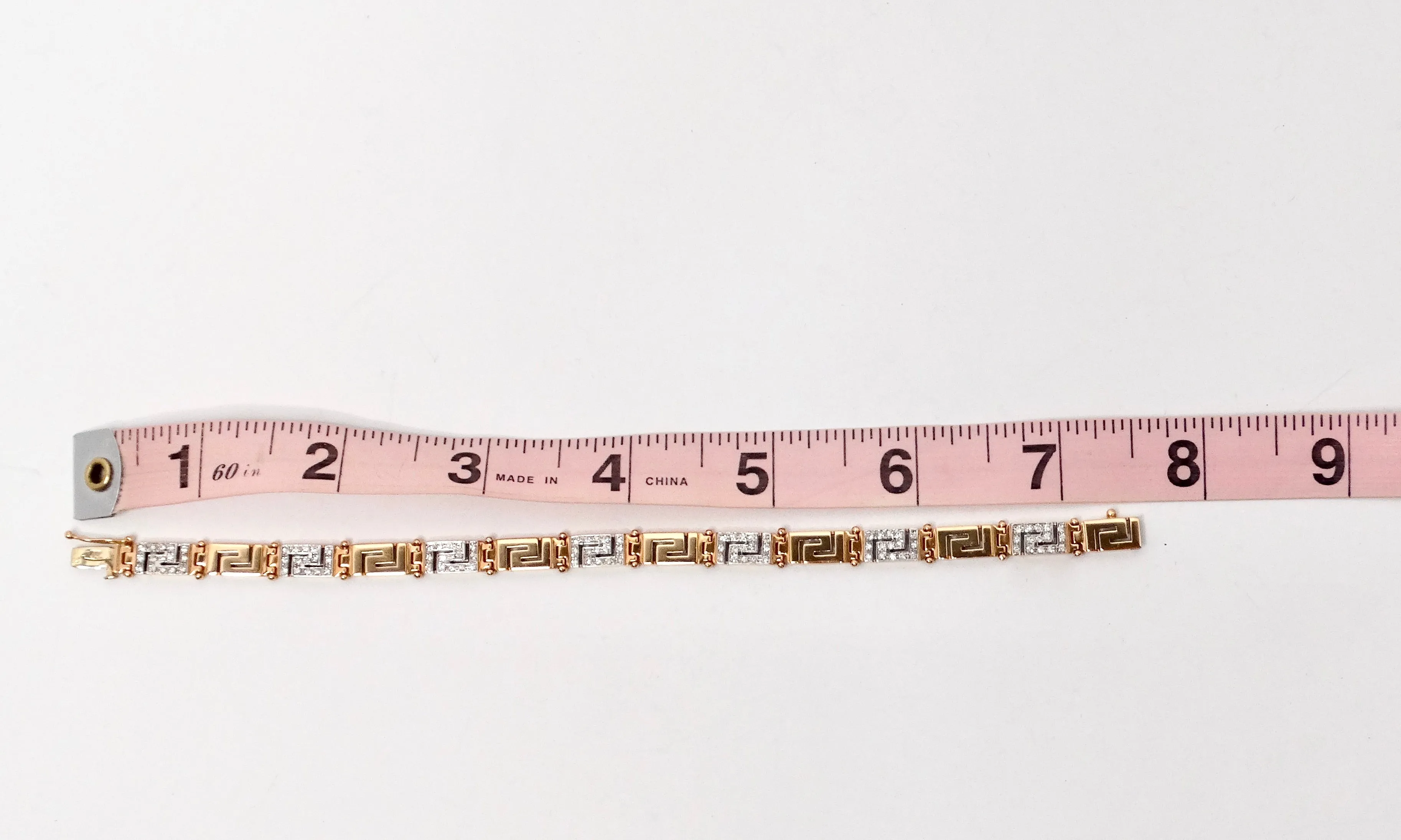 18k Gold Greek Key Two-Tone Link Bracelet With Diamonds