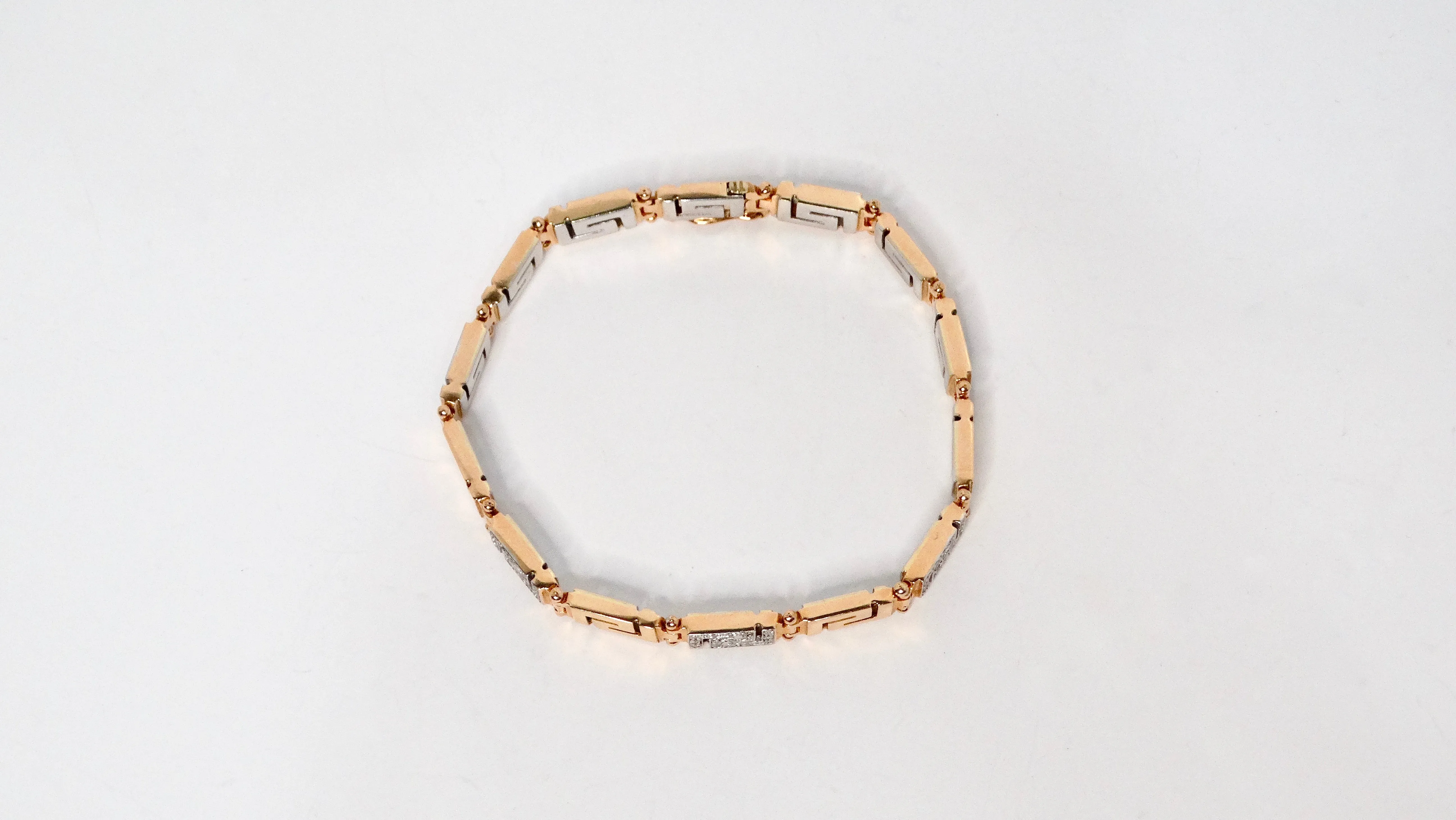 18k Gold Greek Key Two-Tone Link Bracelet With Diamonds