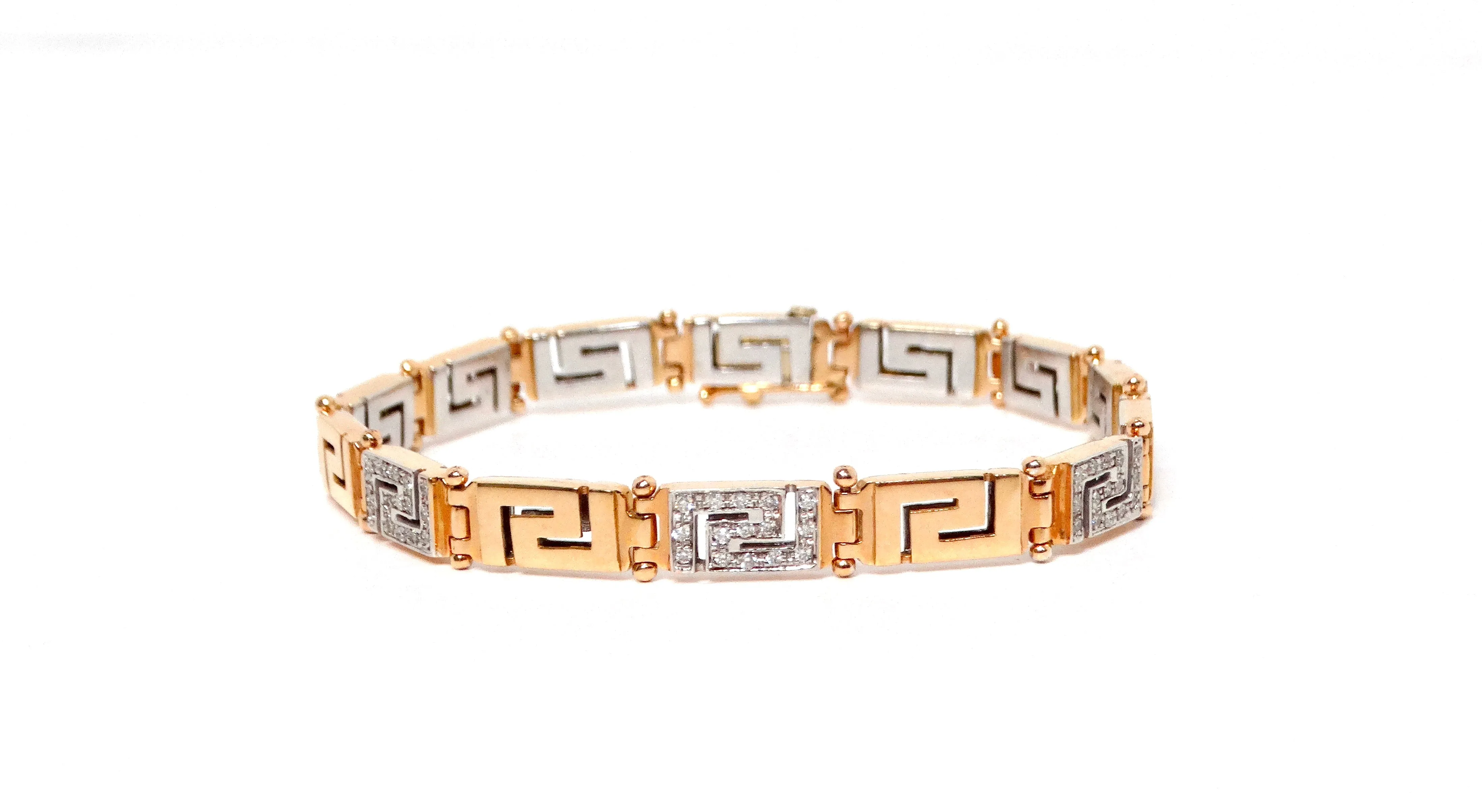 18k Gold Greek Key Two-Tone Link Bracelet With Diamonds