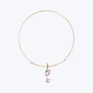 18K Yellow Gold Necklace Designed with Diamond and 9K Pink Gold Love Pendant with Tsavorite