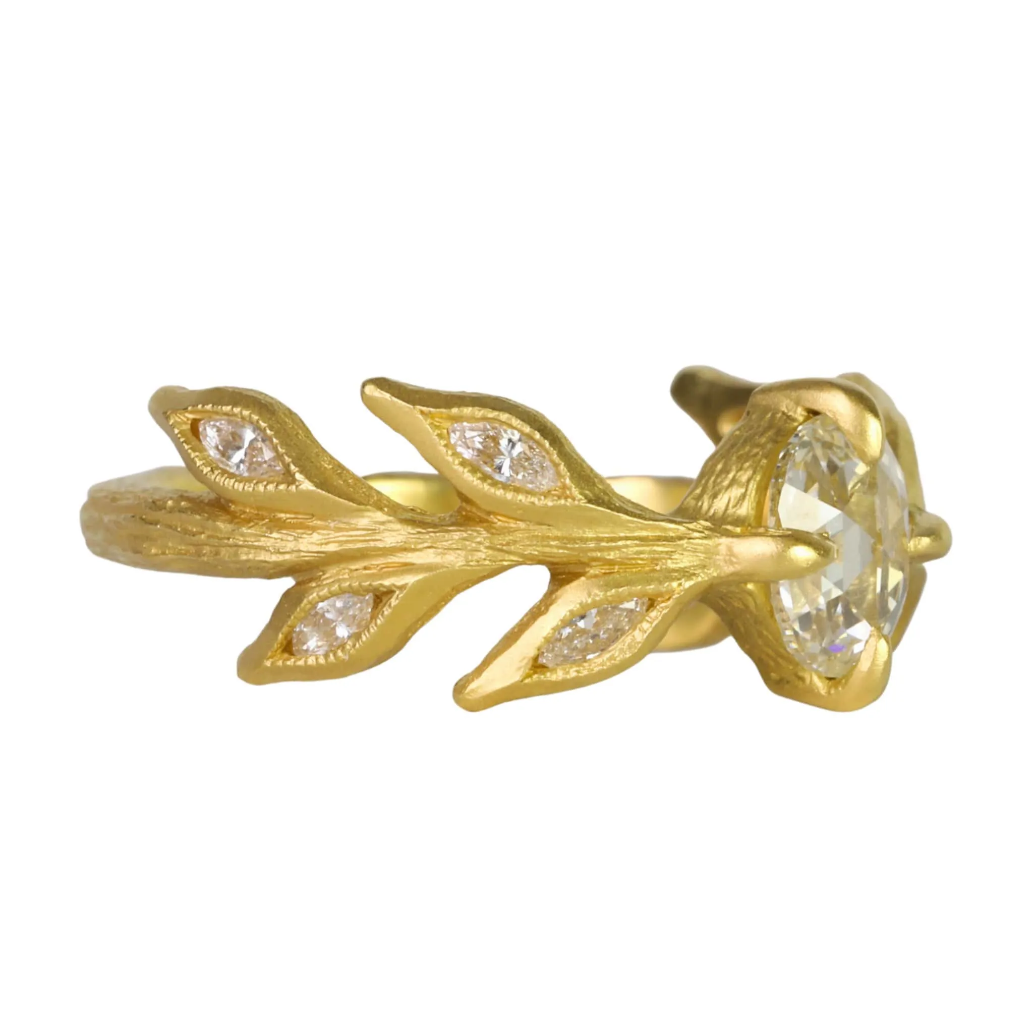 22K Gold Rose Cut Diamond Diana Ring with Marquise Diamond Leaves