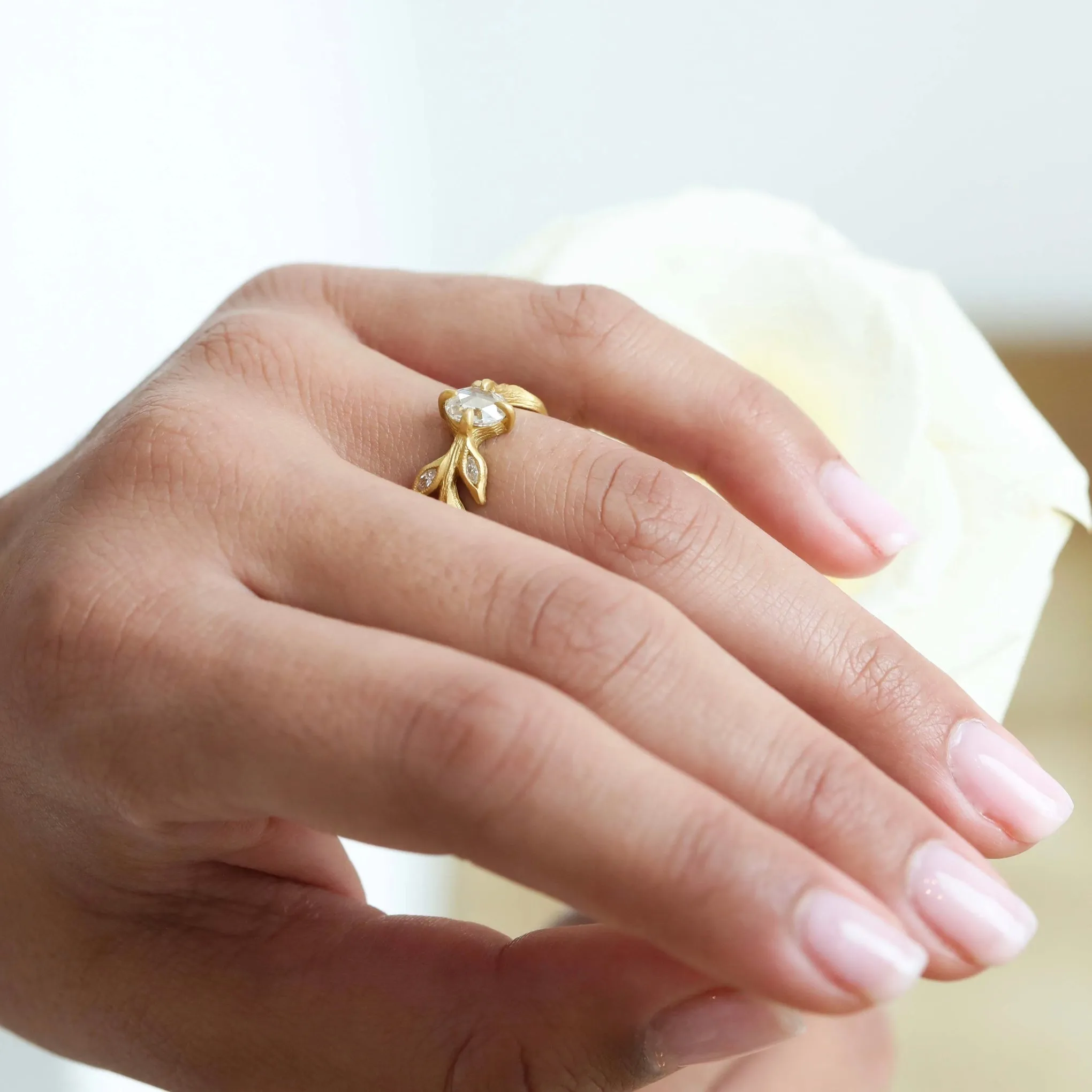 22K Gold Rose Cut Diamond Diana Ring with Marquise Diamond Leaves