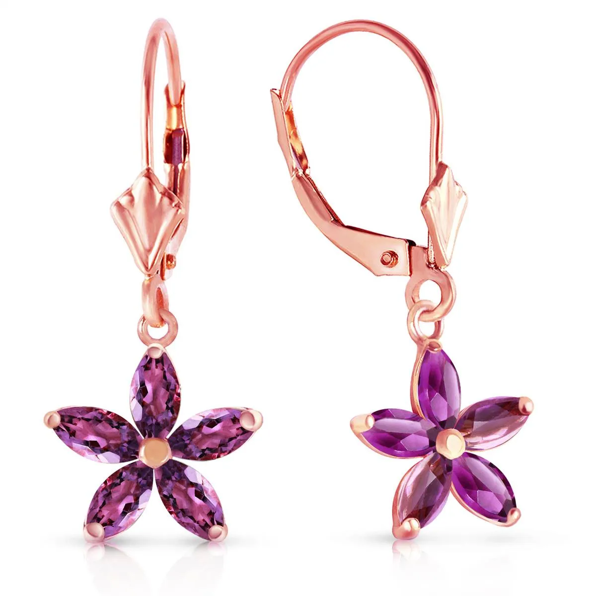 2.8 Carat 14K Solid Rose Gold Leverback Earrings Natural Amethyst