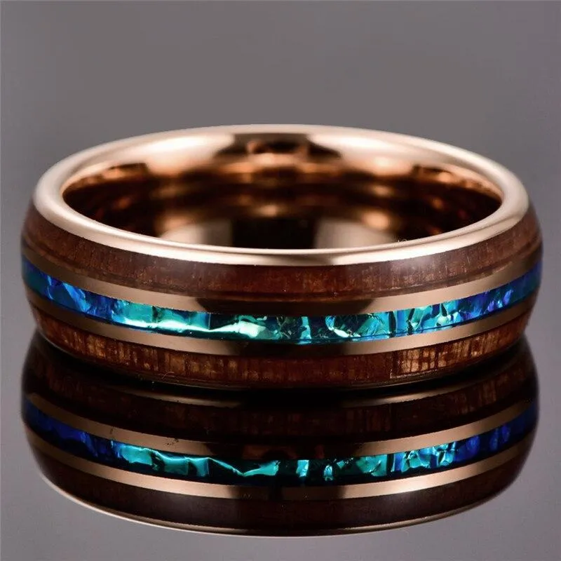 8mm Rose Gold Tungsten Carbide in Blue Inlay with Wood Koa Wedding Band