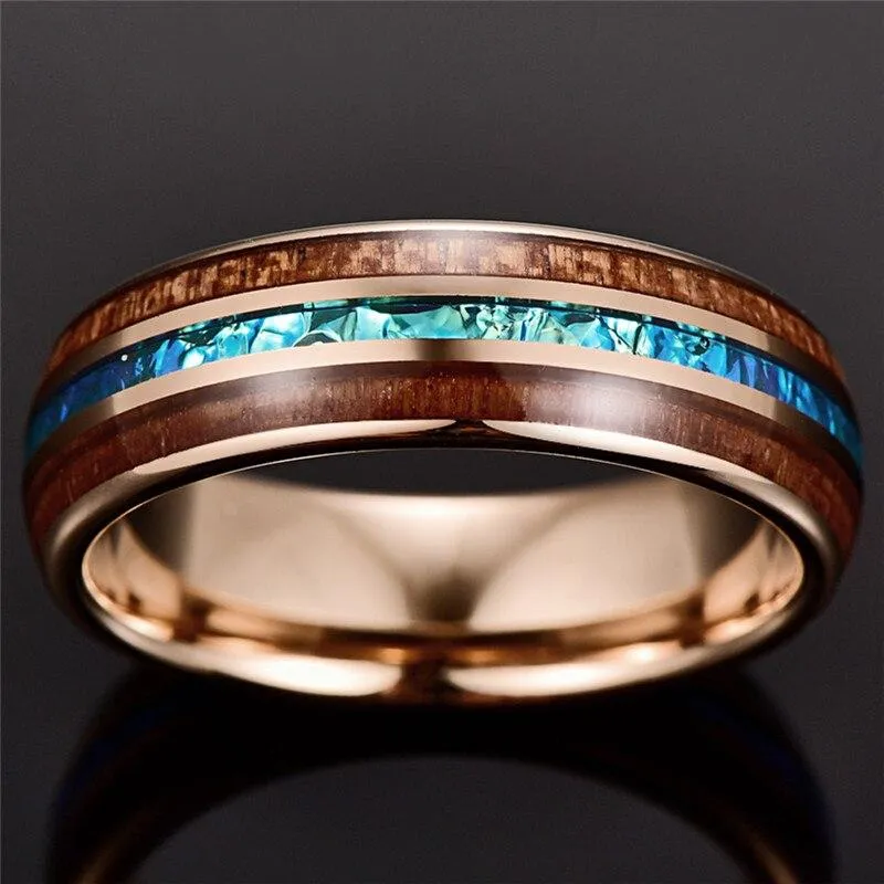 8mm Rose Gold Tungsten Carbide in Blue Inlay with Wood Koa Wedding Band