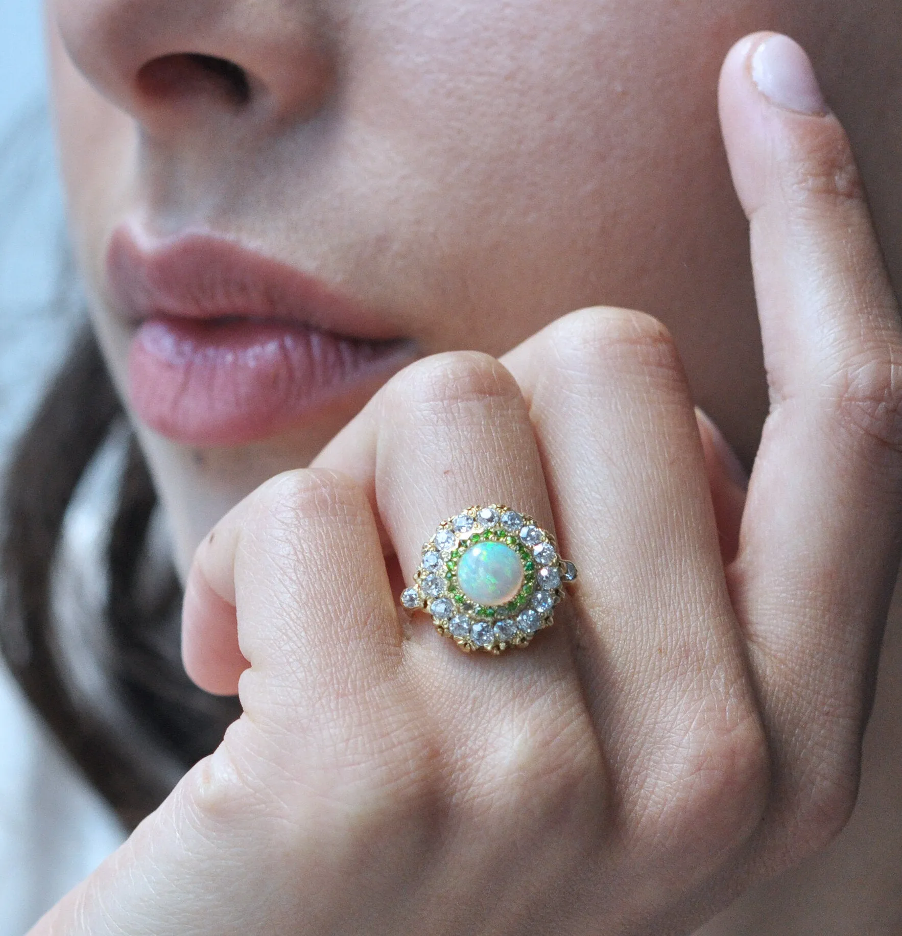 Antique Opal Demantoid Garnet and Diamond Cluster Ring