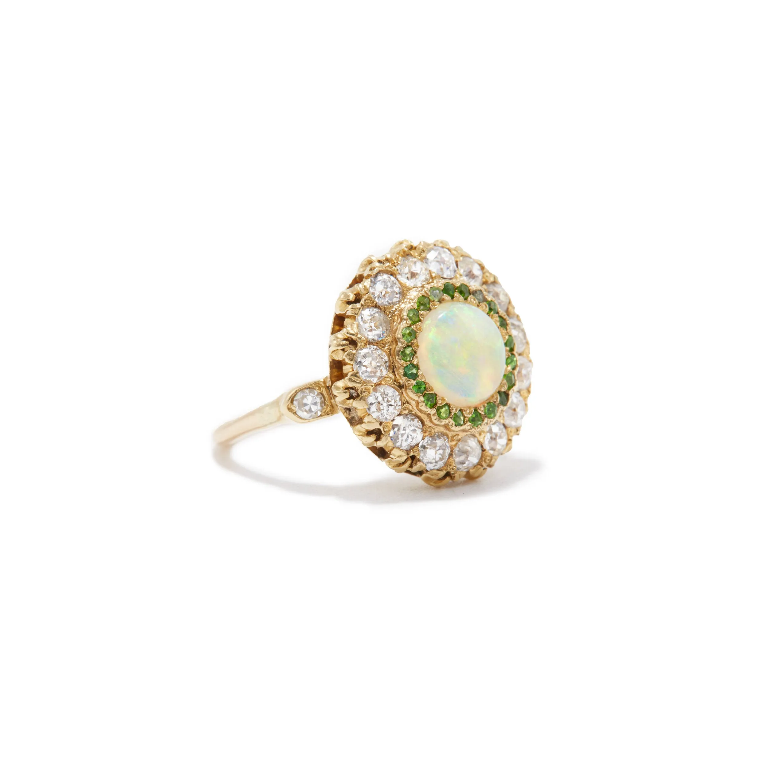 Antique Opal Demantoid Garnet and Diamond Cluster Ring