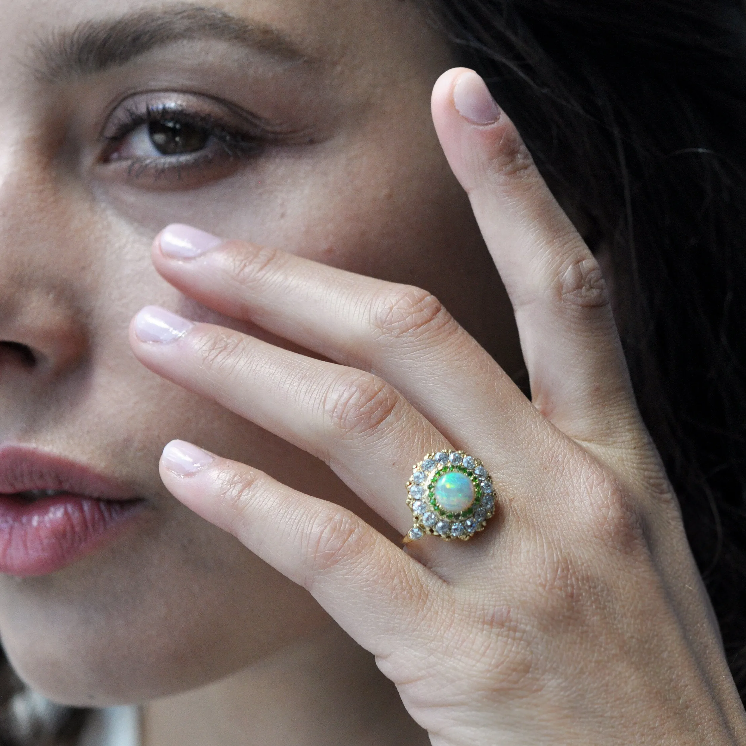 Antique Opal Demantoid Garnet and Diamond Cluster Ring