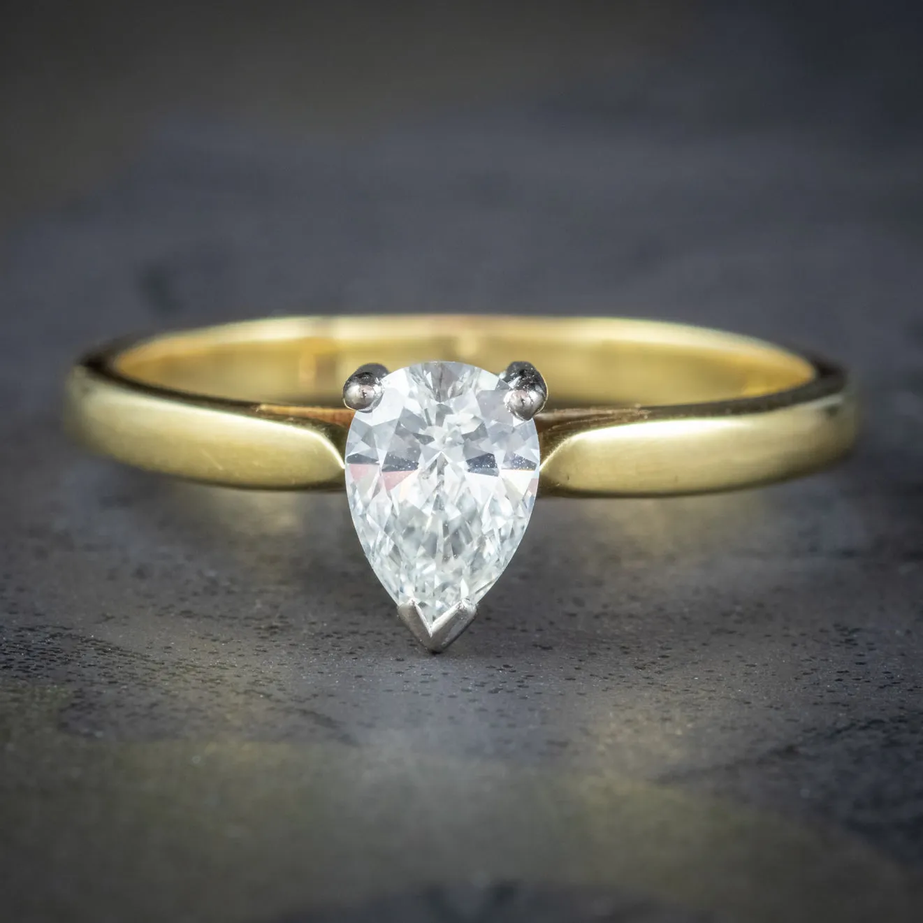 Art Deco Style Pear Cut Diamond Solitaire Engagement Ring 18ct Gold 0.68ct Diamond Dated 2000