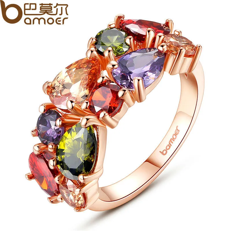 BAMOER Unique Design Rose Gold Color Mona Lisa Ring for Female Wedding with AAA Colorful Cubic Zircon Bijouterie JIR052