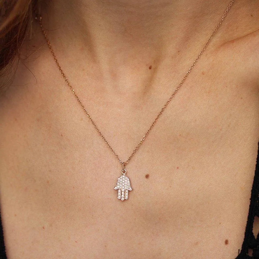 Big Diamond Hamsa Pendant Necklace, Evil Eye Fine Jewelry ♥