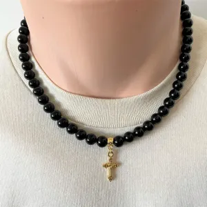 Black Onyx Mens Beaded Necklace with Gold Cross