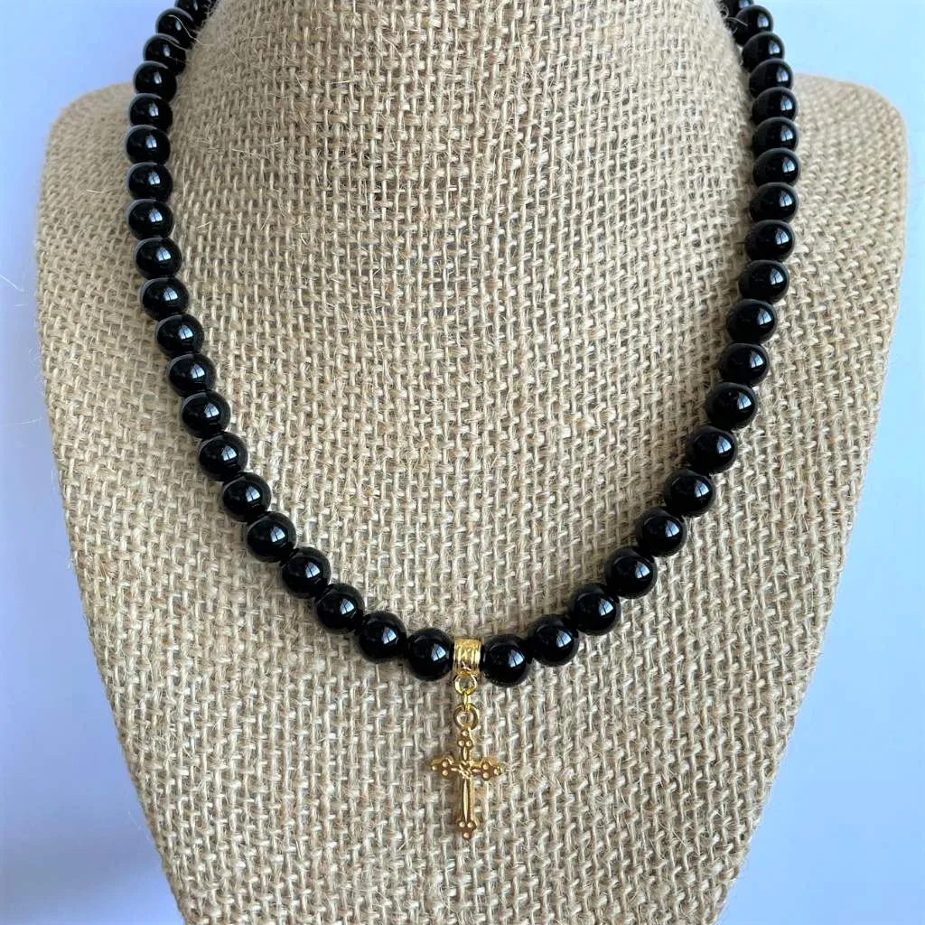 Black Onyx Mens Beaded Necklace with Gold Cross