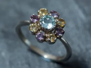 Blue Topaz Ring - Colorful Flower Ring - Daisy Silver Ring