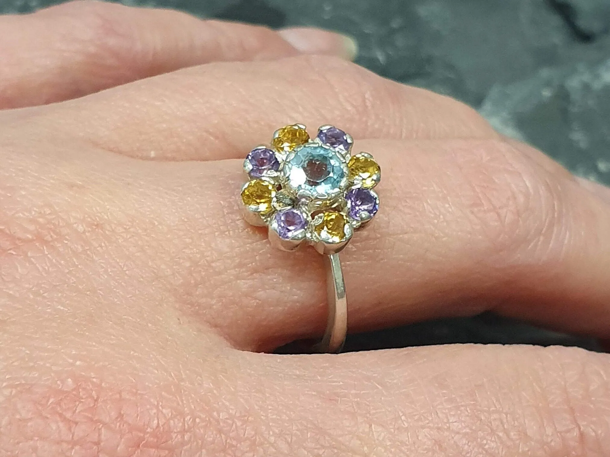 Blue Topaz Ring - Colorful Flower Ring - Daisy Silver Ring