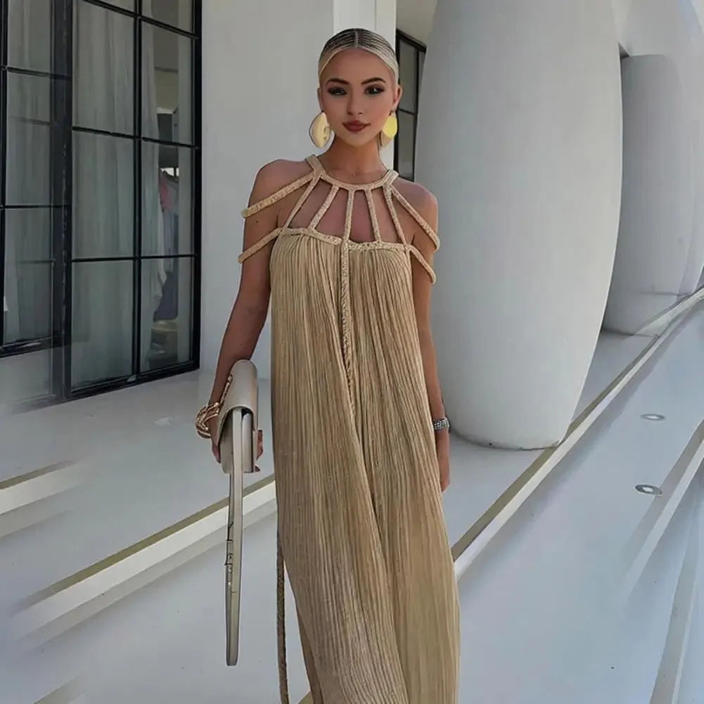 Braided Rope Panel Dress Elegant Off Shoulder Maxi Dress with Braided Straps for Women Solid Color Vacation Beach Sundress