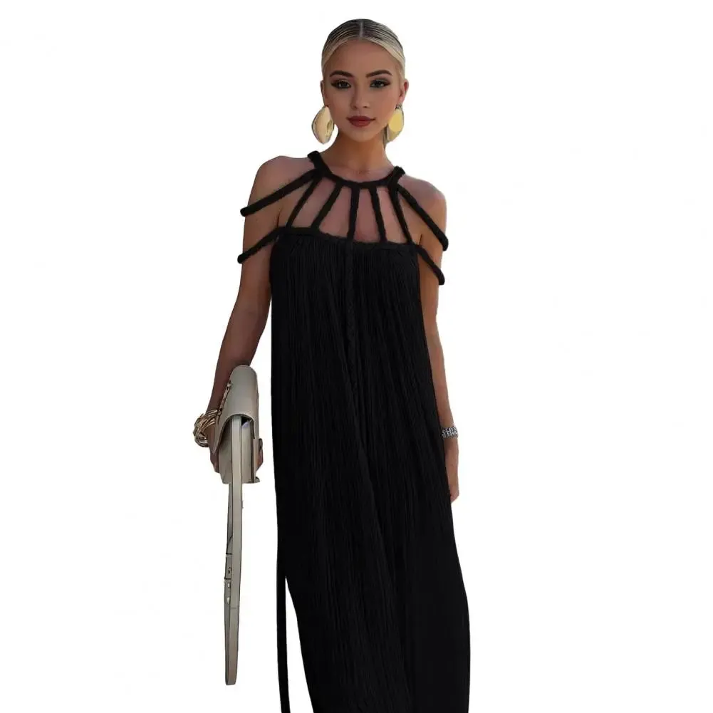 Braided Rope Panel Dress Elegant Off Shoulder Maxi Dress with Braided Straps for Women Solid Color Vacation Beach Sundress