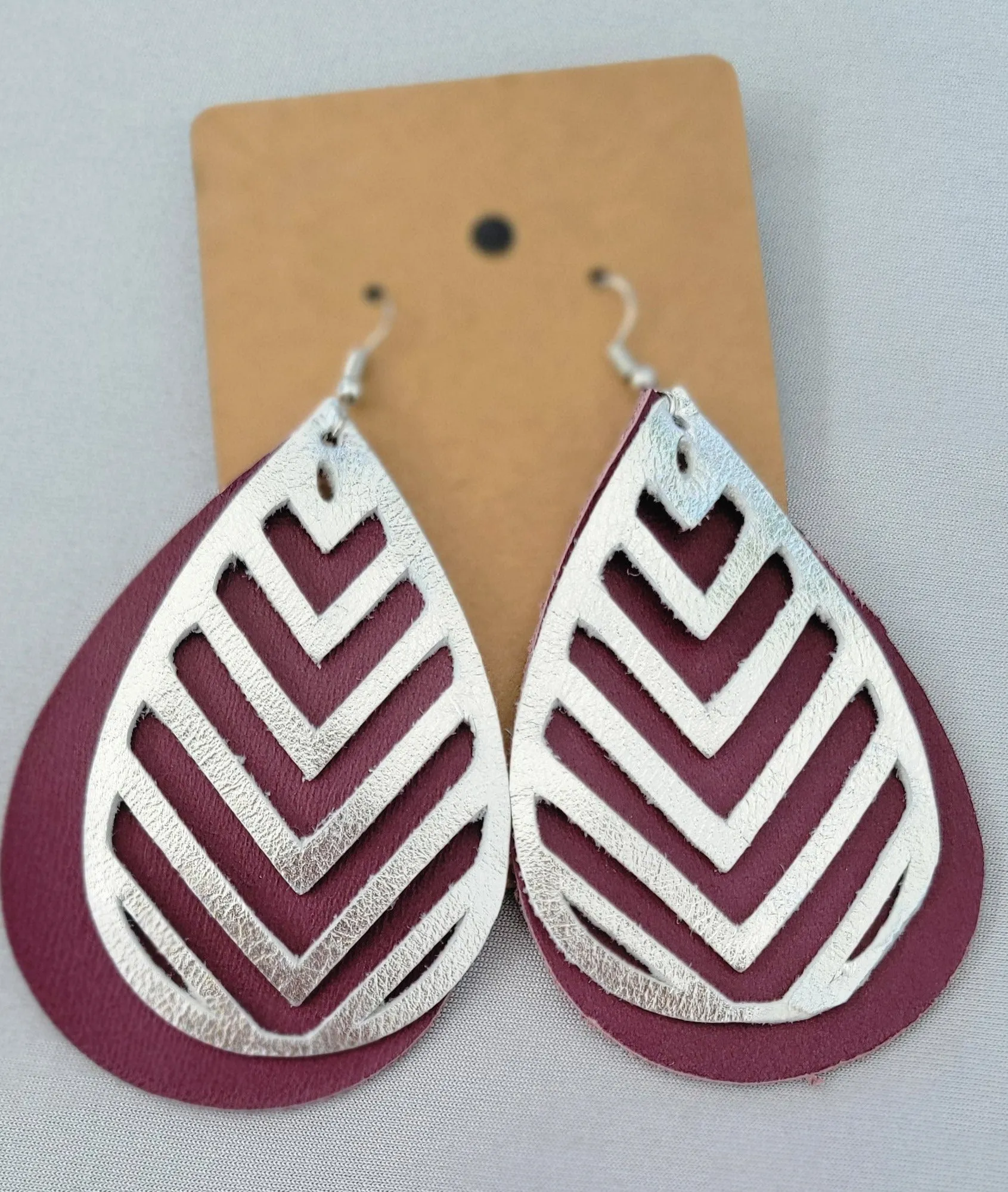 Burgundy/Silver Leather Earrings