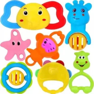 Cable World® Colourful Plastic Non Toxic Set of 7 Attractive Rattles and Teathers for New Borns, Baby,Kid (Multi Color)