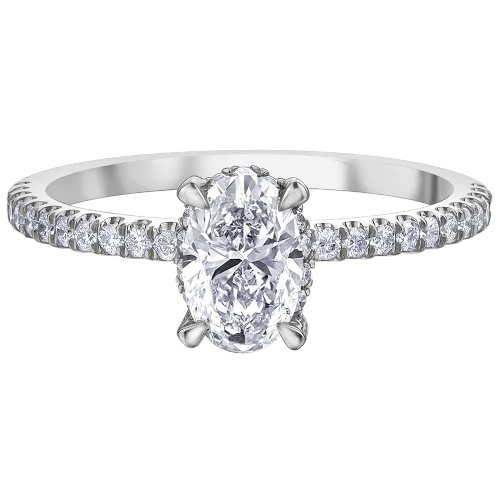 Canadian Oval Diamond Ring with Accented Band and Hidden Halo