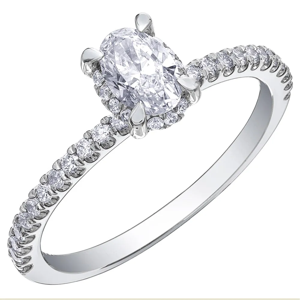 Canadian Oval Diamond Ring with Accented Band and Hidden Halo