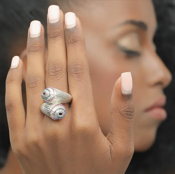 Chameleon ring with colorful rubies gemstones