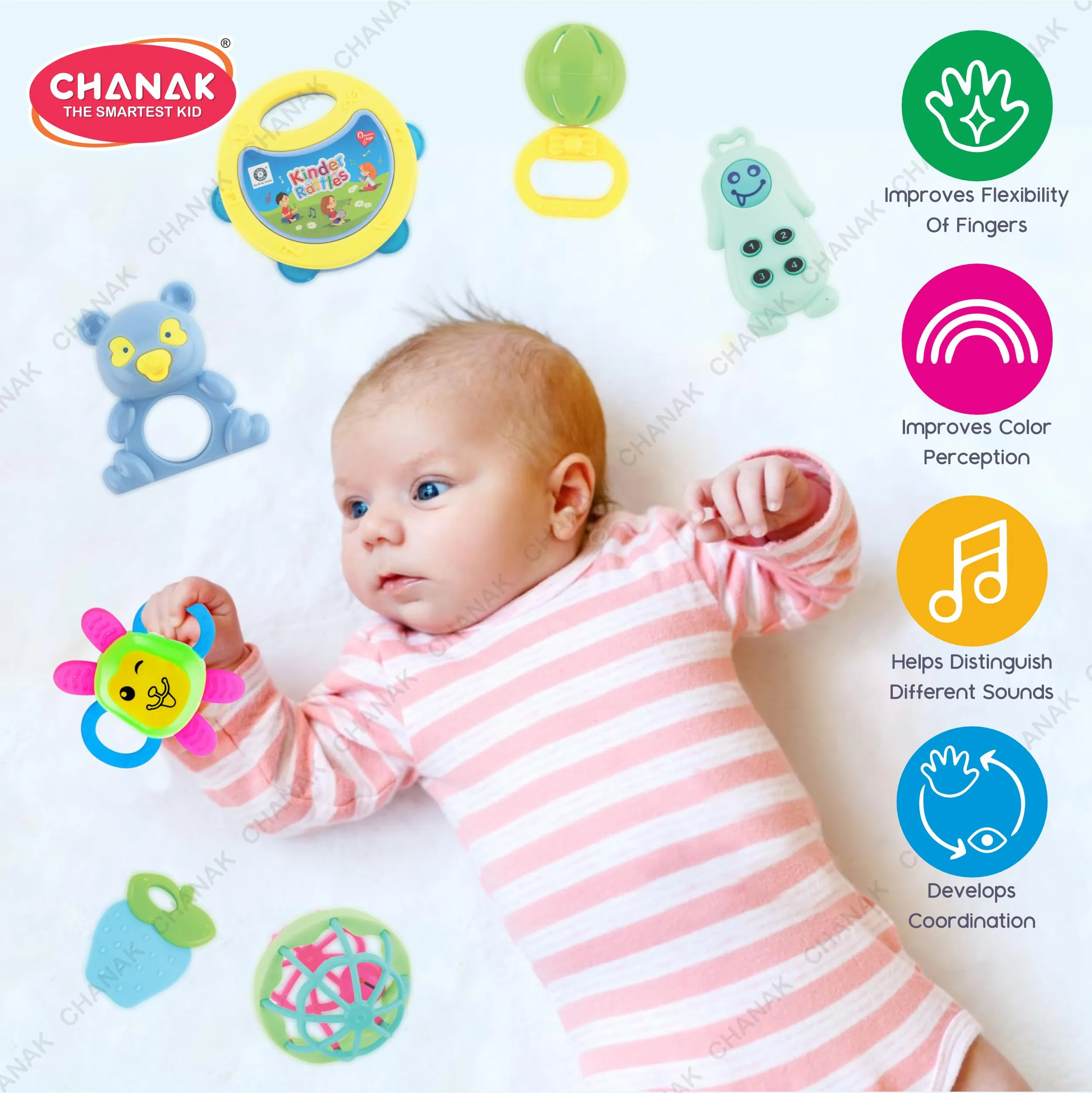 Chanak Baby Kinder Rattle Set for 0-6 Months Old Baby, Non-Toxic, 100% BPA Free, Infant Grab, Spin & Shake Rattles, Colorful Rattles with 8 Pcs, Early Educational Sensory Toy, BIS Approved