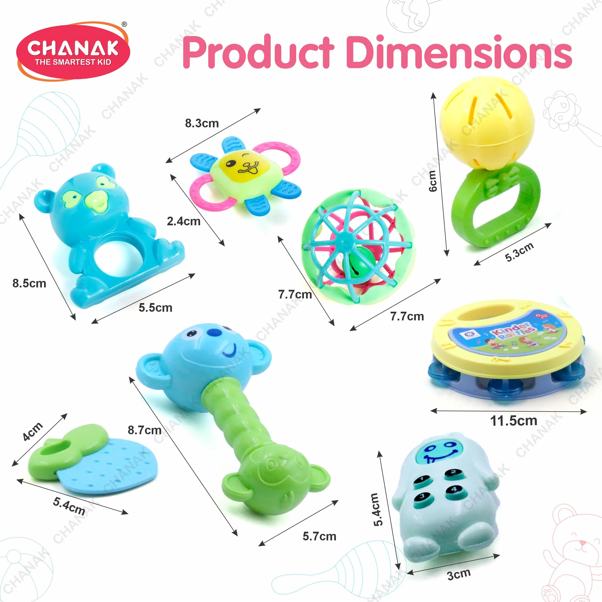 Chanak Baby Kinder Rattle Set for 0-6 Months Old Baby, Non-Toxic, 100% BPA Free, Infant Grab, Spin & Shake Rattles, Colorful Rattles with 8 Pcs, Early Educational Sensory Toy, BIS Approved