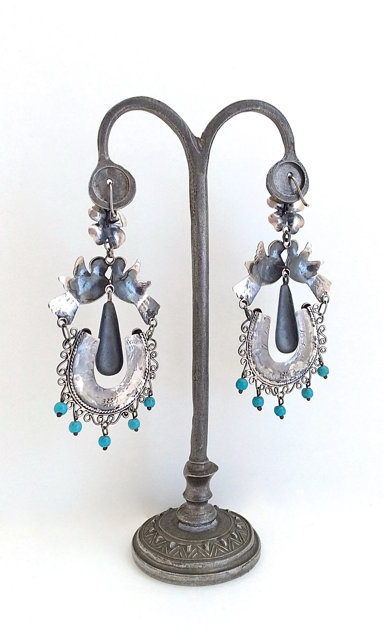 CHANNEL YOUR INNER FRIDA Silver and Turquoise Love Bird Chandelier Earrings