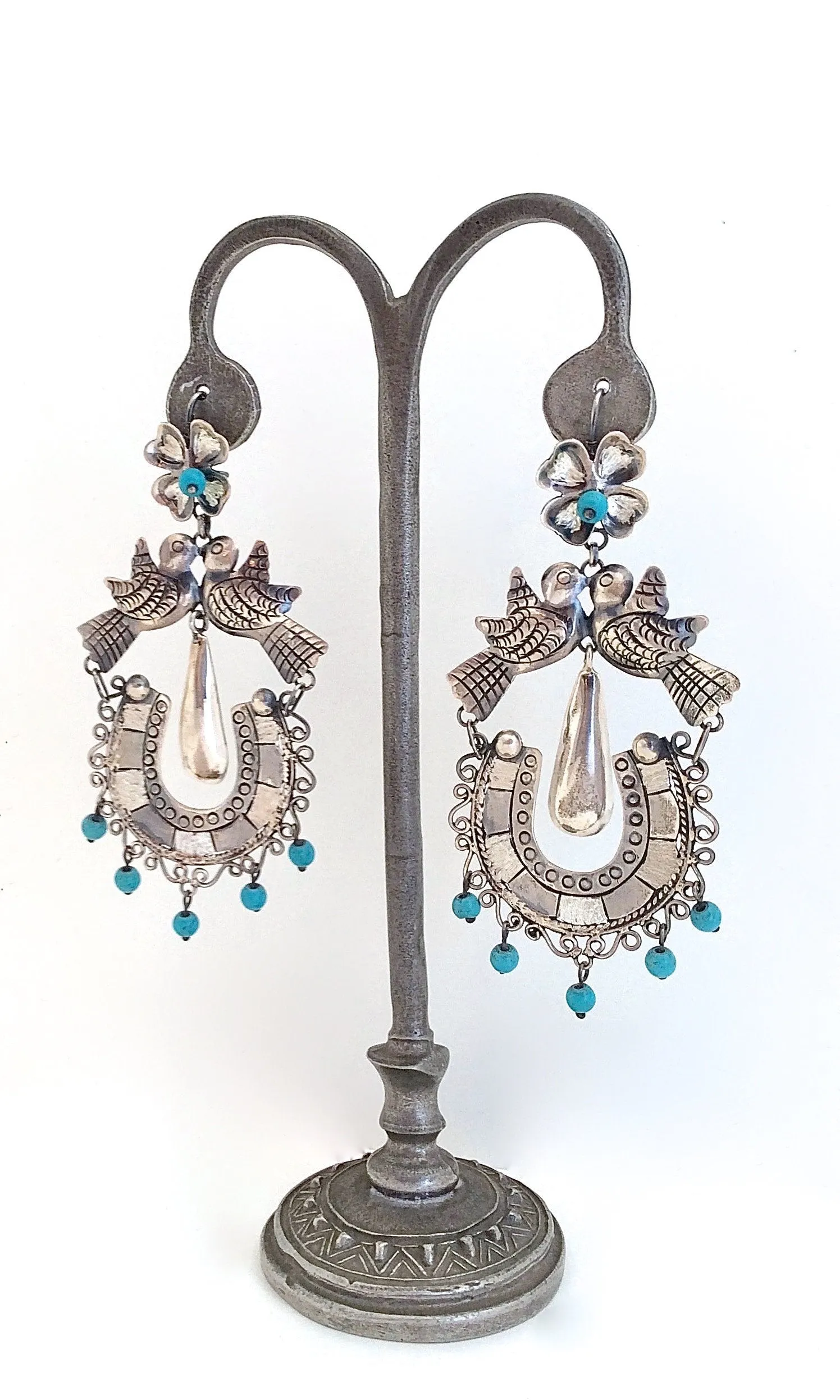 CHANNEL YOUR INNER FRIDA Silver and Turquoise Love Bird Chandelier Earrings