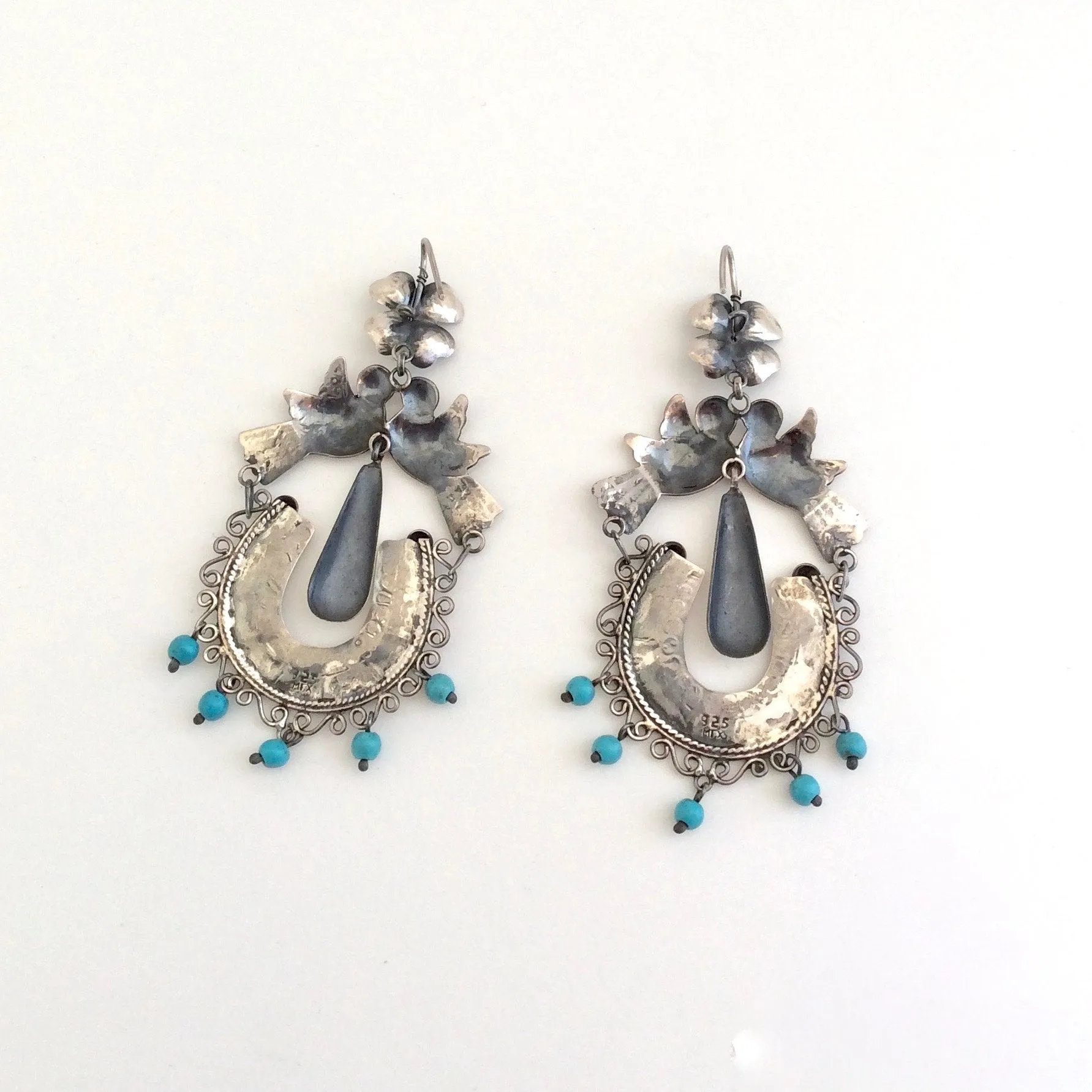 CHANNEL YOUR INNER FRIDA Silver and Turquoise Love Bird Chandelier Earrings