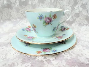 CHARMING Aynsley English Bone China Teacup And Saucer Trio,Cheerful Robin's Egg Blue, Chintz Roses, Teacup and Saucer and Dessert Plate,Cup and Saucer,Collectible Vintage Teacups