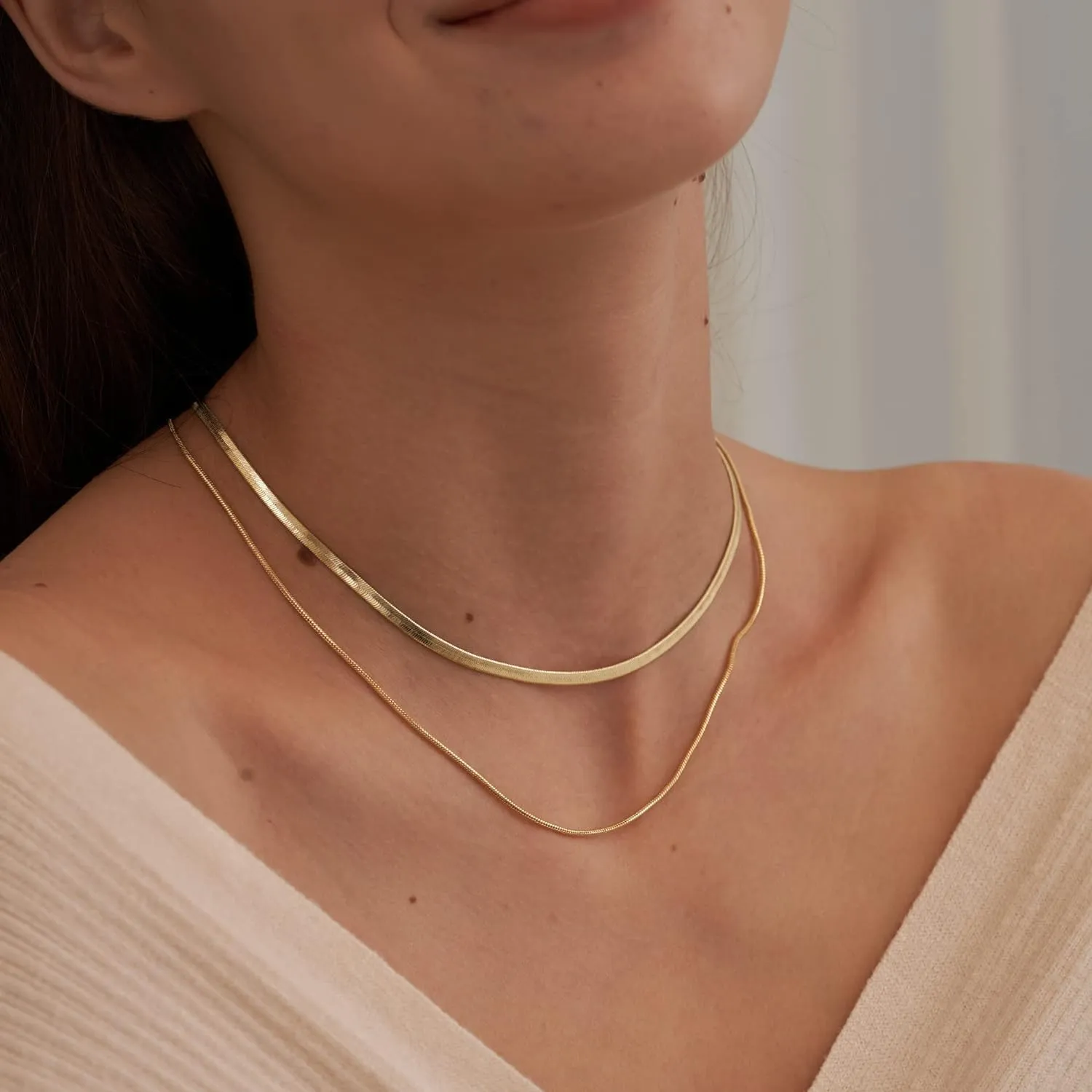 CHESKY 14K Gold/Silver Plated Snake Chain Necklace Herringbone Necklace Gold Choker Necklaces for Women Girl Gifts Jewelry 1.5/3/5MM(W) 14"/16"(L)