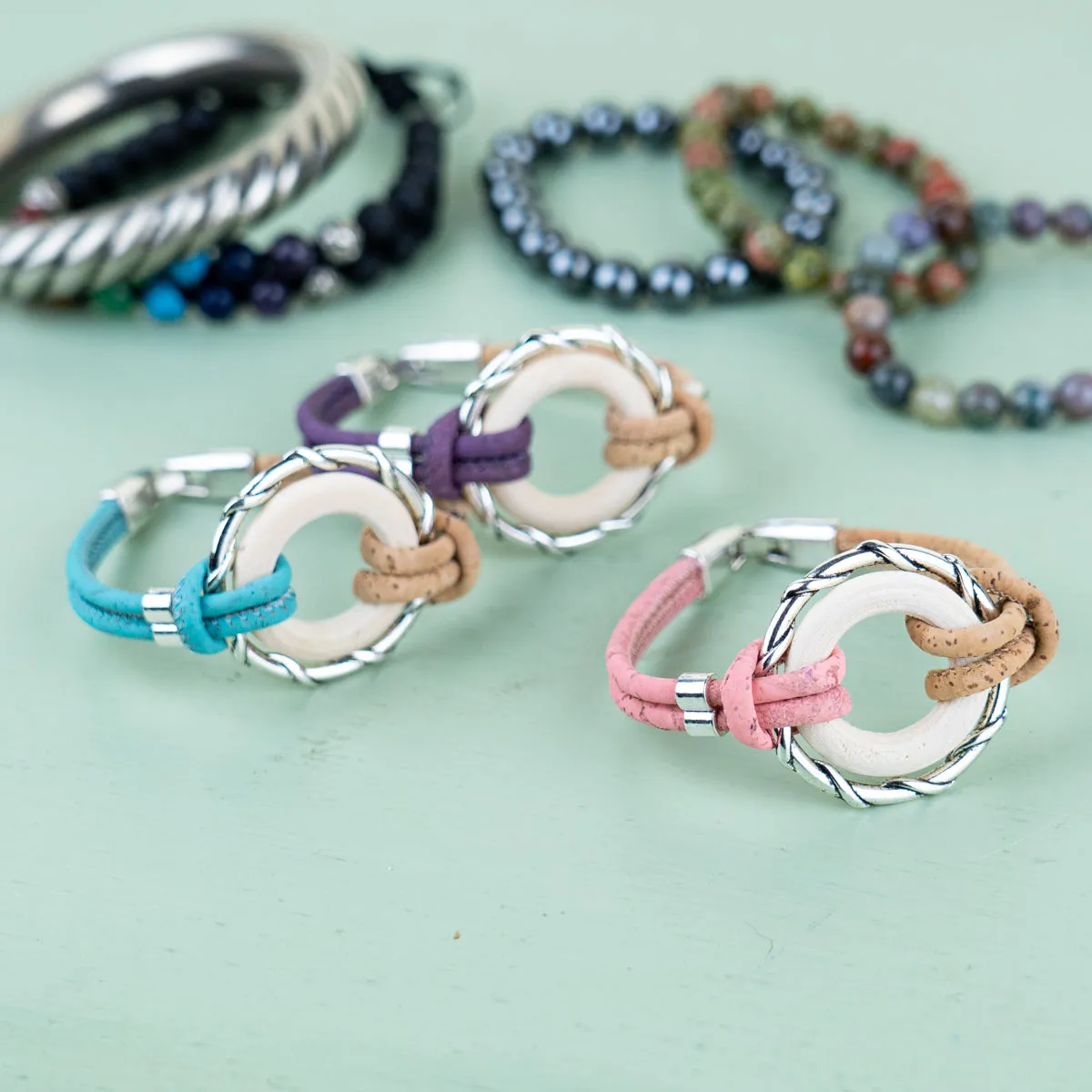 Colorful cork wire and alloy hardware rings and wood rings handmade women's bracelets DBR-052-MIX-5